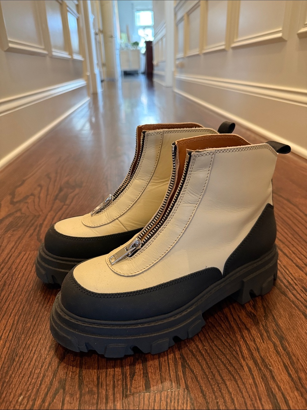 GANNI Chunky Zip-Front Women's Ankle Boots in Cream and Black